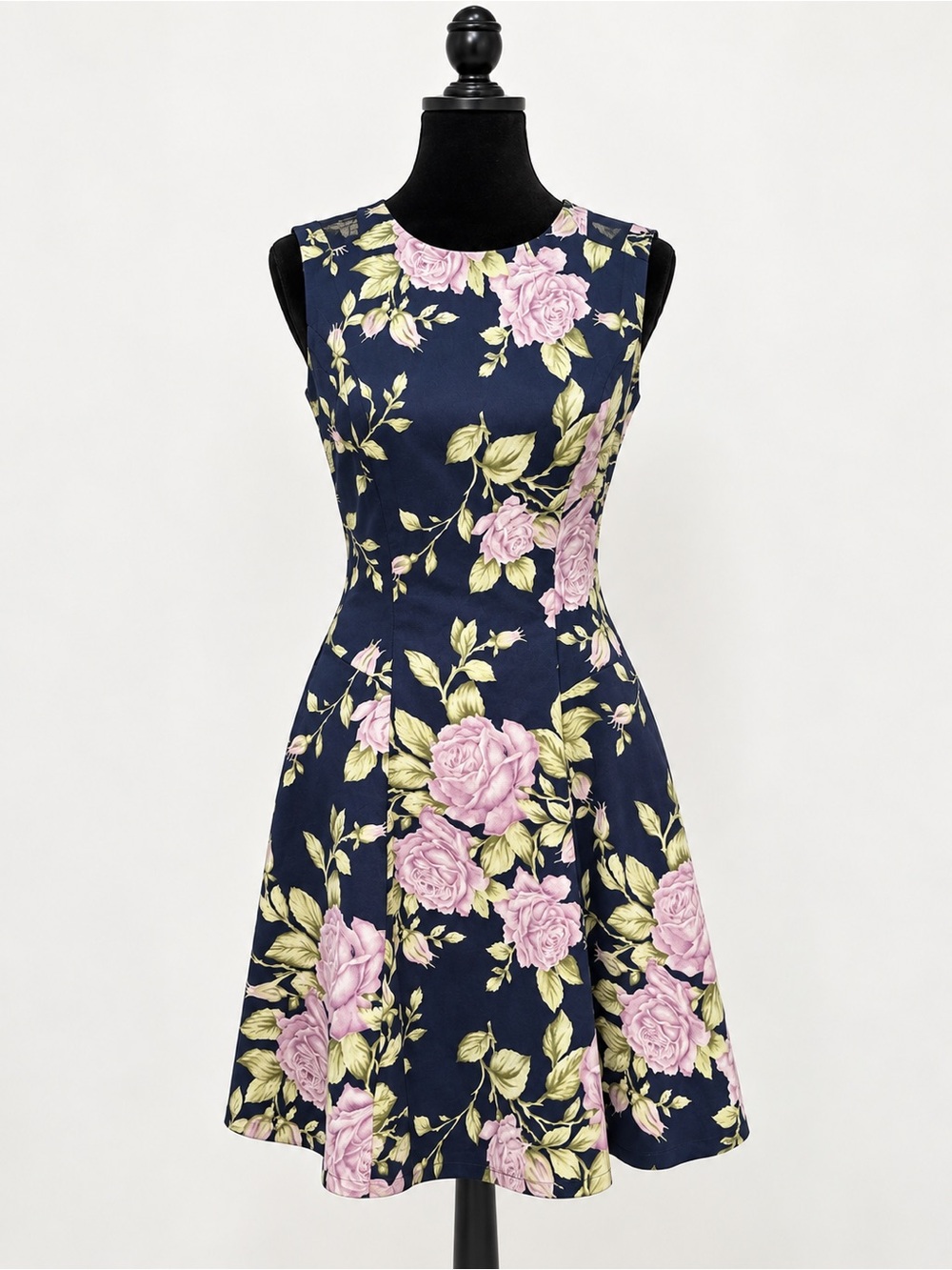 Rag & Bone Floral Fit-and-Flare Dress in Navy with Pink Roses Size 2